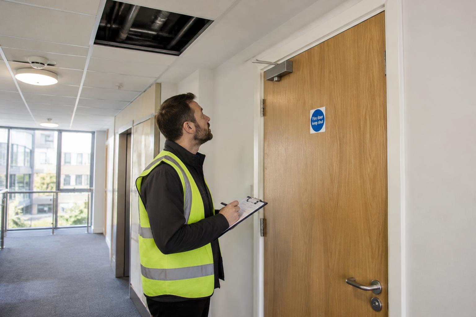 Fire door inspector checking a corridor fire door beside an open ceiling tile