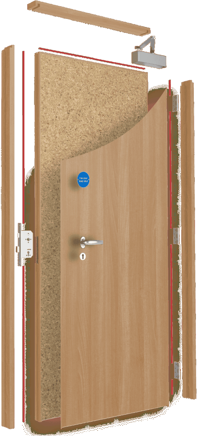 Exploded illustration of a fire door set showing the leaf, frame, intumescent seals, hinges, lock and closer