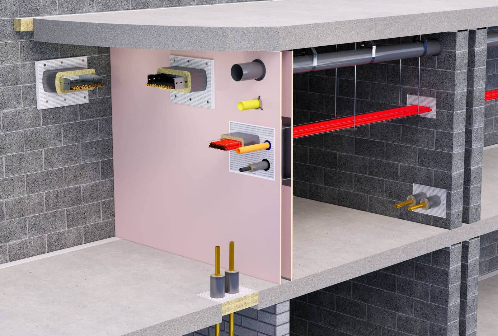 Cutaway illustration of firestopped cable trays, pipes and ducts passing through a compartment wall